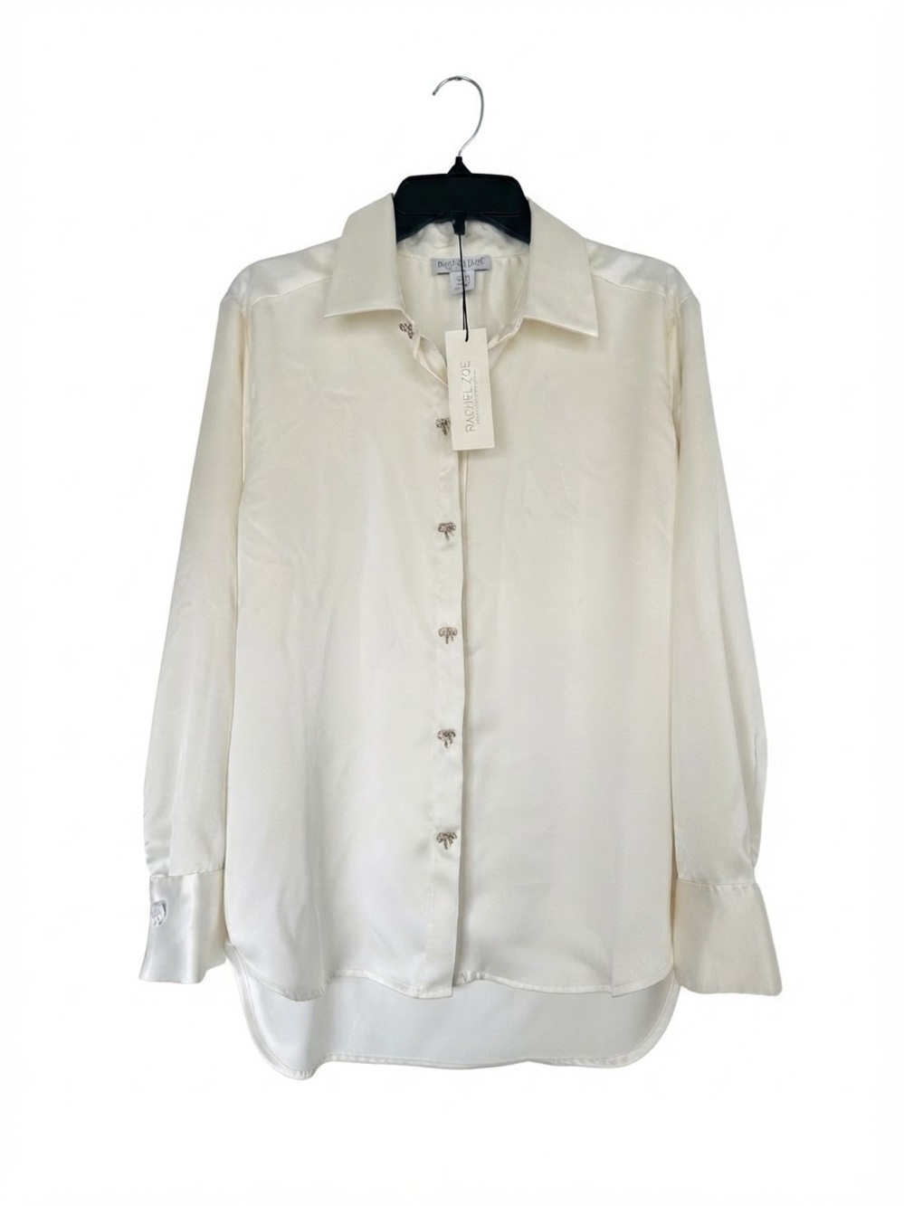 Rachel Zoe Ivory Long-Sleeve Silk-Like Button Down Shirt